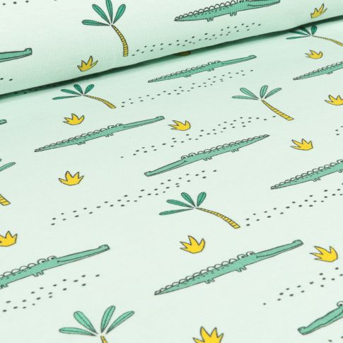 Tissu Jersey Coton Bio Crocodile et palmier sur fond Vert menthe
