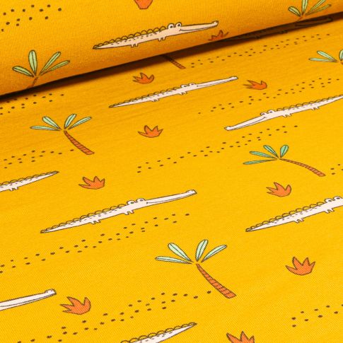 Tissu Jersey Coton Bio Crocodile et palmier sur fond Jaune