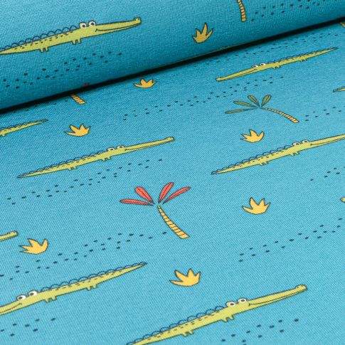 Tissu Jersey Coton Bio Crocodile et palmier sur fond Bleu