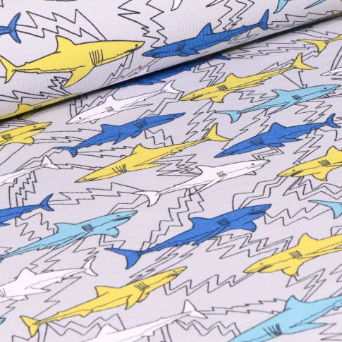 Tissu Jersey Coton Bio Shark sur fond Gris