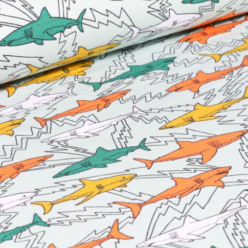 Tissu Jersey Coton Bio Shark sur fond Vert menthe clair