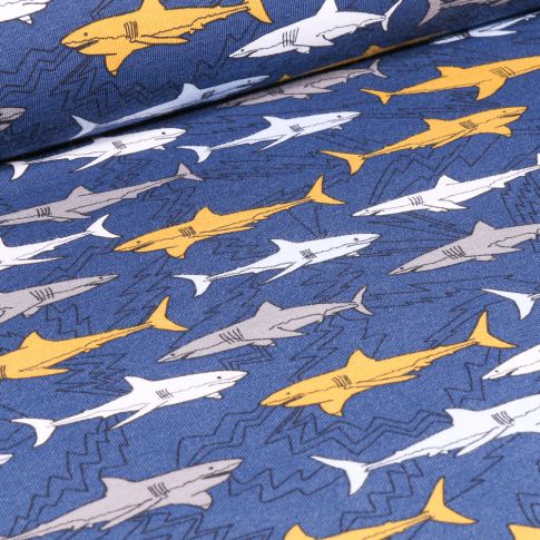 Tissu Jersey Coton Bio Shark sur fond Bleu marine