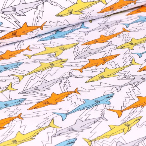 Tissu Jersey Coton Bio Shark sur fond Blanc