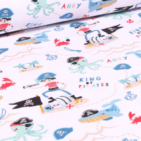 Tissu Jersey Coton Bio Pirates et animaux marins sur fond Blanc