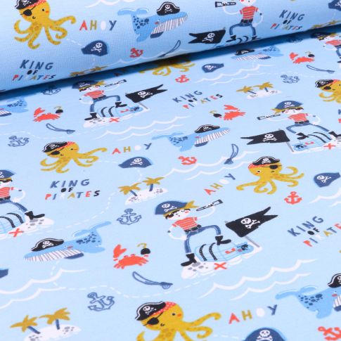 Tissu Jersey Coton Bio Pirates et animaux marins sur fond Bleu