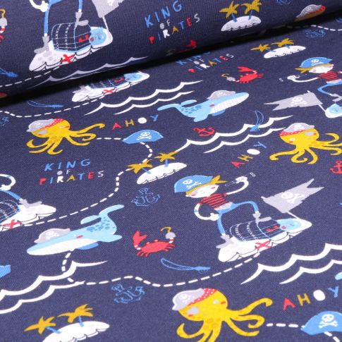 Tissu Jersey Coton Bio Pirates et animaux marins sur fond Bleu marine