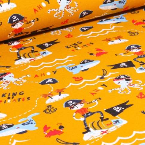 Tissu Jersey Coton Bio Pirates et animaux marins sur fond Jaune