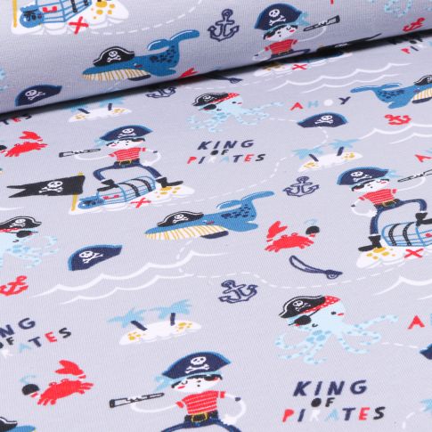 Tissu Jersey Coton Bio Pirates et animaux marins sur fond Gris