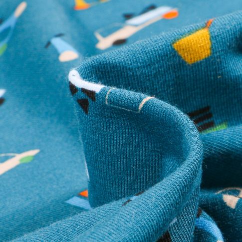 Tissu Jersey Coton Bio Transports sur fond Bleu