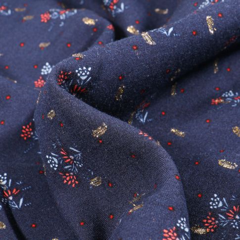 Tissu Viscose lurex Rosie sur fond Bleu marine