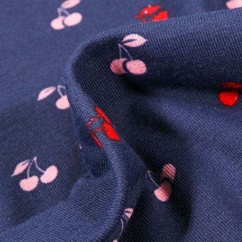 Tissu Jersey Coton Cerises sur fond Bleu marine