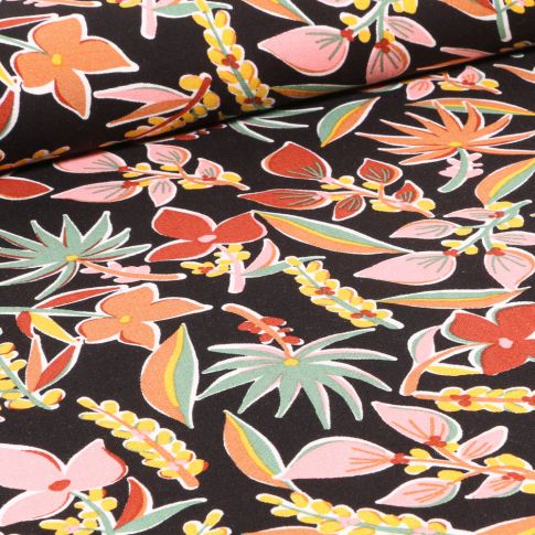 Tissu Viscose Fleurs exotiques sur fond Noir