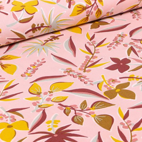 Tissu Viscose Fleurs exotiques sur fond Rose pâle
