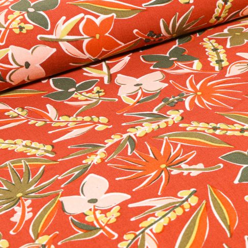 Tissu Viscose Fleurs exotiques sur fond Orange