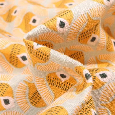 Tissu Lin Viscose Motif Dôme jaune sur fond Naturel