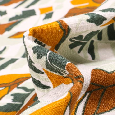 Tissu Lin Feuilles colorées ocre sur fond Blanc