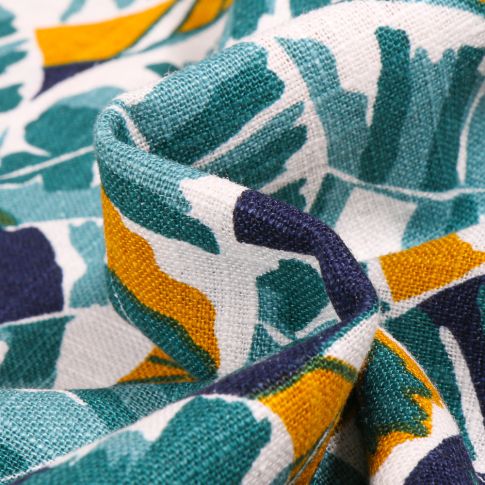 Tissu Lin Feuilles colorées bleu sur fond Blanc