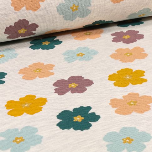 Tissu  Sweat envers minky Fleurs pailletées sur fond Ecru chiné