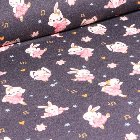 Tissu Jersey coton Lapinou sur fond Gris anthracite chiné