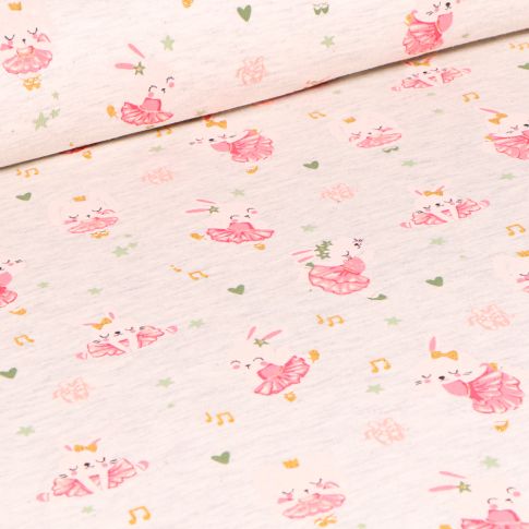 Tissu Jersey coton Lapinou sur fond Beige chiné