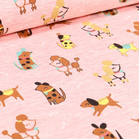 Tissu Jersey Coton Chiens Chic sur fond Rose chiné