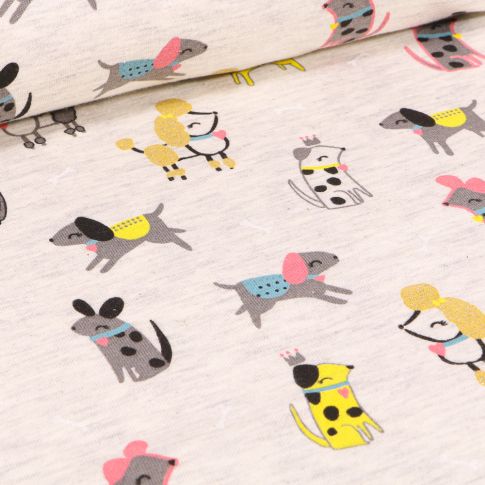 Tissu Jersey Coton Chiens Chic sur fond Beige chiné