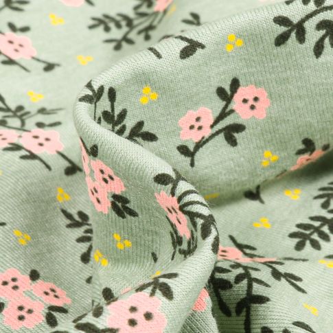 Tissu Jersey Polycoton Fleuris sur fond Vert menthe