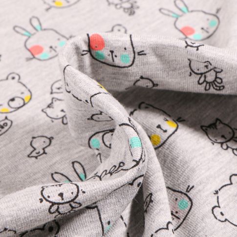 Tissu Jersey Coton Hello Lapinou sur fond Gris clair chiné