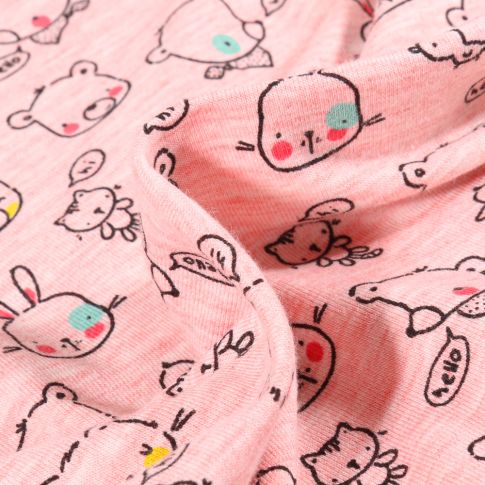 Tissu Jersey Coton Hello Lapinou sur fond Rose chiné