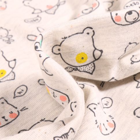 Tissu Jersey Coton Hello Lapinou sur fond Beige chiné