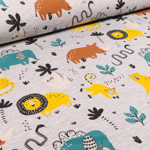 Tissu Jersey Polycoton Animaux de la jungle sur fond Gris clair chiné