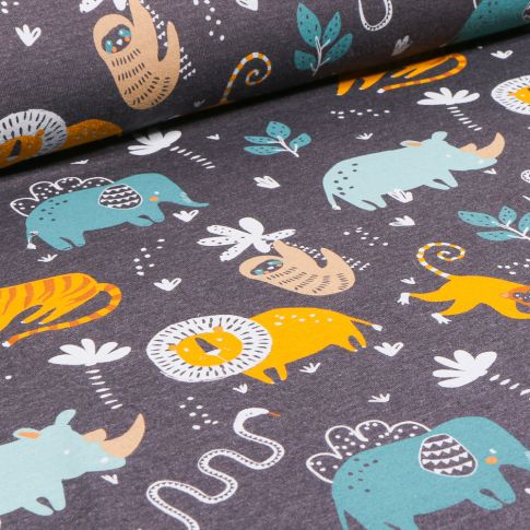 Tissu Jersey Polycoton Animaux de la jungle sur fond Bleu chiné
