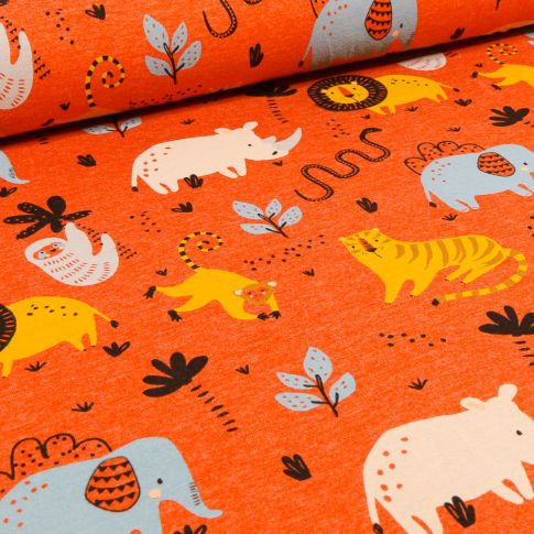 Tissu Jersey Polycoton Animaux de la jungle sur fond Orange