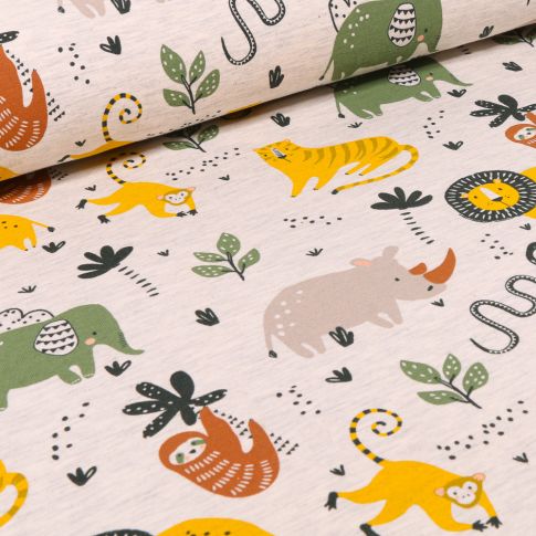 Tissu Jersey Polycoton Animaux de la jungle sur fond Beige chiné