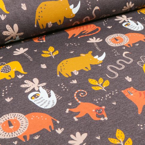 Tissu Jersey Polycoton Animaux de la jungle sur fond Gris anthracite chiné