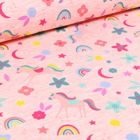 Tissu Jersey Polycoton Licornes fleurs et arc en ciel sur fond Rose chiné