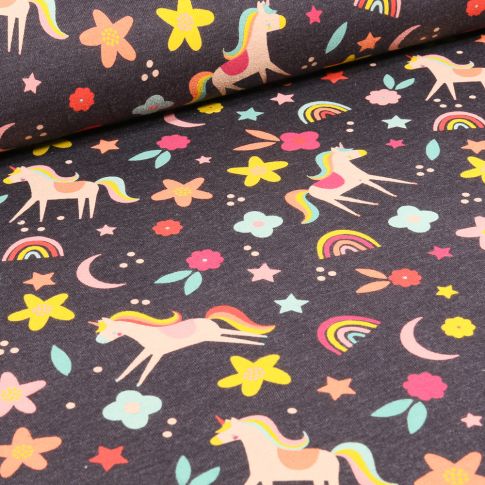 Tissu Jersey Polycoton Licornes fleurs et arc en ciel sur fond Gris anthracite chiné