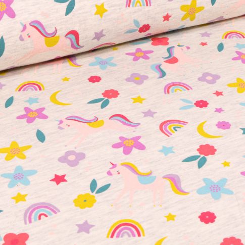 Tissu Jersey Polycoton Licornes fleurs et arc en ciel sur fond Beige chiné