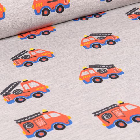 Tissu Jersey Polycoton Camions de pompiers sur fond Gris clair chiné