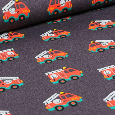 Tissu Jersey Polycoton Camions de pompiers sur fond Gris anthracite chiné