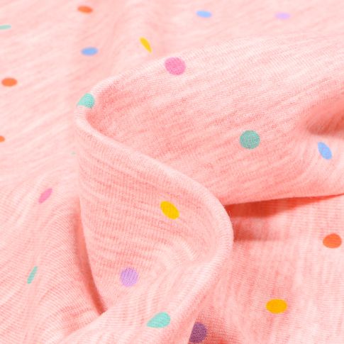 Tissu Jersey Polycoton Pois colorés sur fond Rose chiné