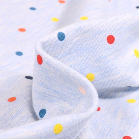 Tissu Jersey Polycoton Pois colorés sur fond Bleu ciel chiné