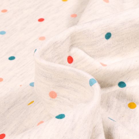 Tissu Jersey Polycoton Pois colorés sur fond Beige chiné
