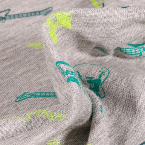Tissu Jersey Coton Guitares sur fond Gris chiné