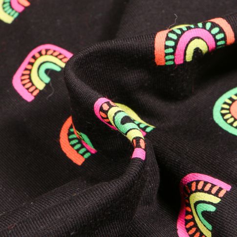 Tissu Jersey Coton Arc en ciel fluo sur fond Noir