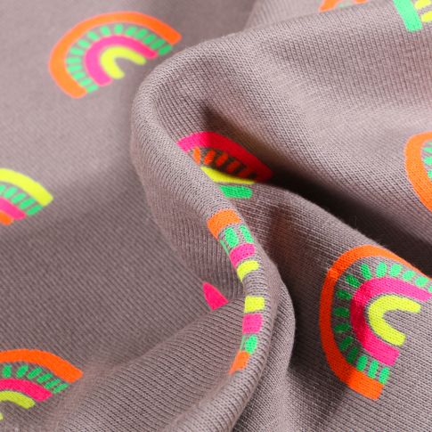 Tissu Jersey Coton Arc en ciel fluo sur fond Gris