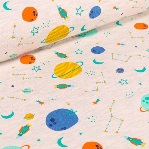 Tissu Jersey Coton Planètes et constellation sur fond Beige chiné