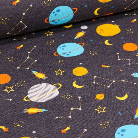Tissu Jersey Coton Planètes et constellation sur fond Gris anthracite chiné
