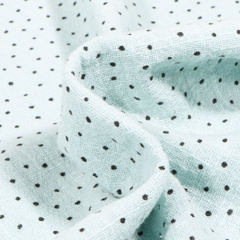 Tissu Coton lavé Petits pois noir sur fond Bleu ciel