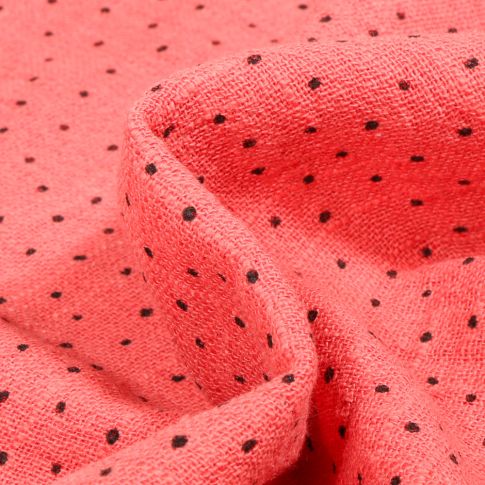 Tissu Coton lavé Petits pois noir sur fond Corail
